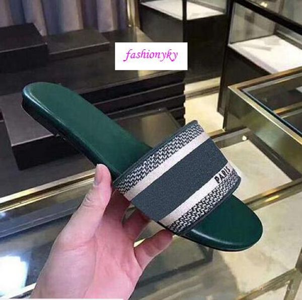 

original box trendy bohemia women slippers letter embroidery lady sandal designer casual slipper, Black