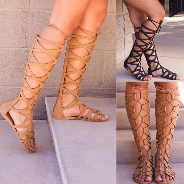 

2020 roman gladiator bandage sandals women knee high flat sandalias botas femininas women shoes girls summer hollow ankle boot #, Black