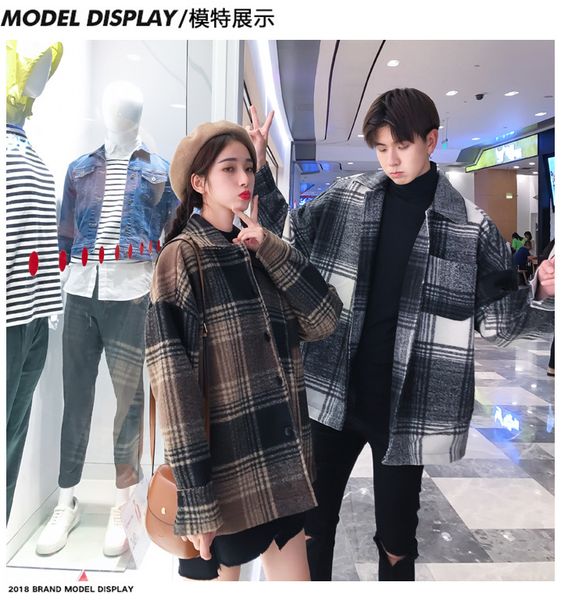 

men's and women's fashion coat in autumn loose medium long checked woolen coat. y190926, Black