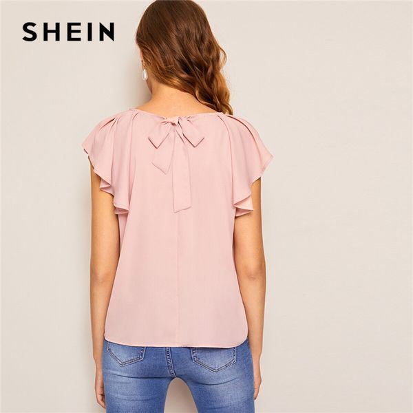 

shein tie back raglan ruffle shoulder casual solid blouse 2019 cute summer office ladies short sleeve womens and blouses, White