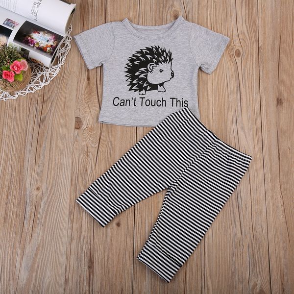 

pudcoco baby boys clothes set graphic tee shirt striped pants 2pcs summer outfit hedgehog dont touch me, White