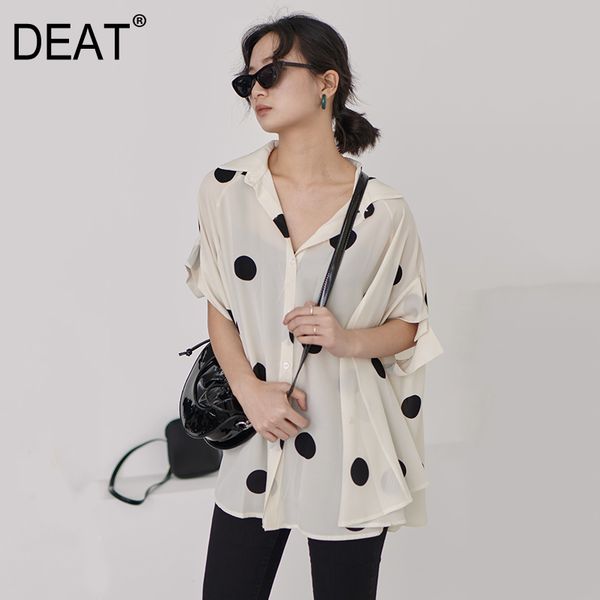 

deat] 2019 new spring summer lapel half sleeve dot printed loose long big size oversize shirt women blouse fashion tide jt06, White