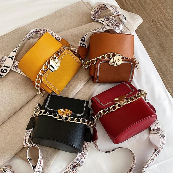 

printing belt bucket handbags fashion women pu leather solid simple small shopping messenger bag zipper chain handbags
