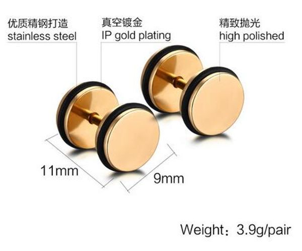 

simple trendy circular dumbbell pie earrings titanium steel stud earrings for men boyfriend gift wholesale 4 colors, Golden;silver