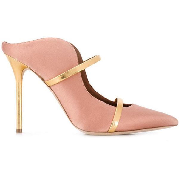 

fashion pointed toe satin pumps women slip on thin high heels double belt pumps for banquet dress shoes lazy shoes, Black