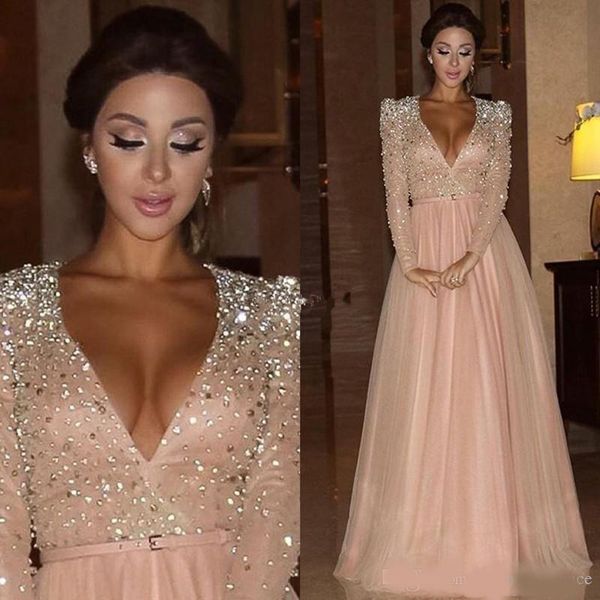 

2020 new myriam fares formal evening dresses long sleeves deep v neck crystal blush pink arabic red carpet prom party pageant gowns vestidos, Black;red