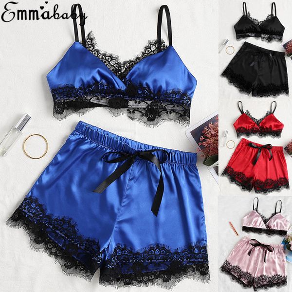 

2019 sexy женщин атласные кружева бюстгальтер обрезанные топ шорты babydoll lingerie пижамы пижама set ночное s ~ xl, Red;black