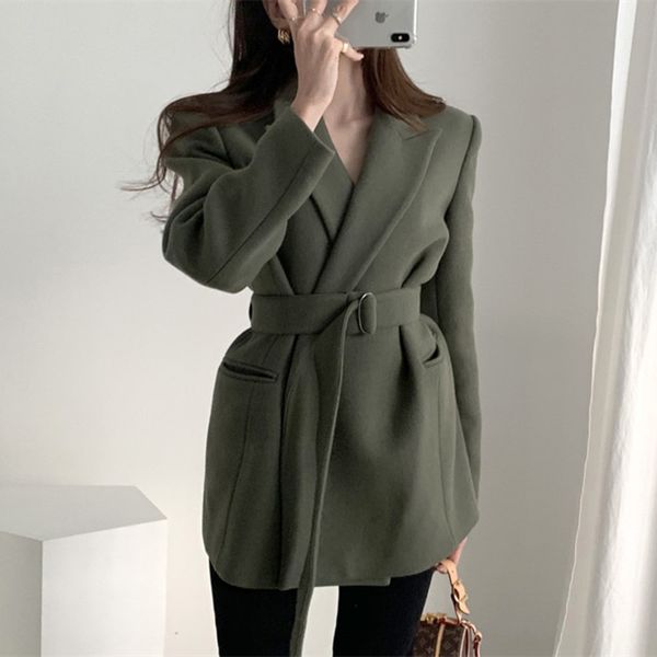 

hzirip office lady blazers 2020 women long sleeve faux woolen coat elegant women blazer solid womens clothing with belt, White;black
