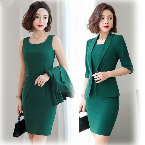 

ladies office wear dress suits 3/4 sleeve slim blazer+sleeveless dress 2 piece set vestido formal mujer ladies suit 8092, White;black