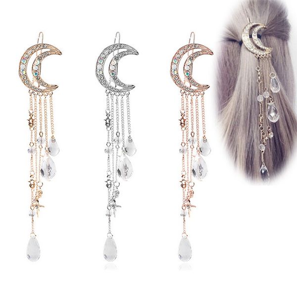 

2019 fashion women lady moon rhinestone crystal pendant pin tassel long chain beads dangle hairpin hairclip hair jewelry, Golden;white