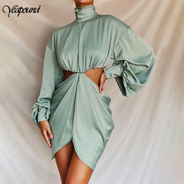 

women summer sundress long sleeve mini dress ladies elegant irregular hollow dress turtleneck drape party vestidos, Black;gray