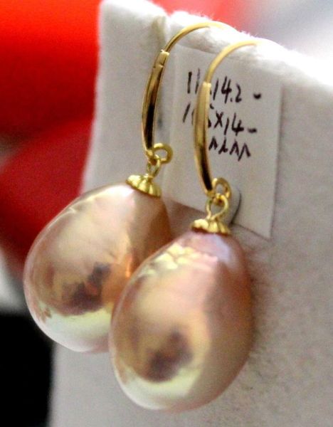 

gorgeous 12-13mm south sea baroque gold pink pearl earring 14k, Golden;silver