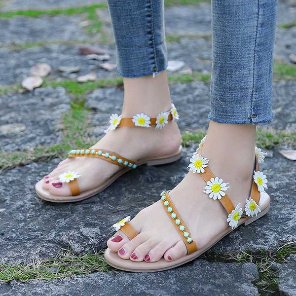 

sandals yellow rhinestone buckle summer women shoes flat fashion comfortable beach plus sweet flowers size 44, Black
