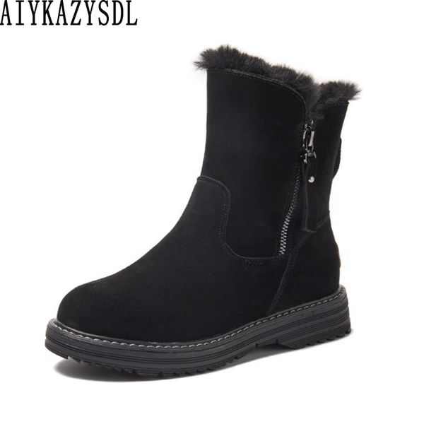 

aiykazysdl women winter warm boots faux fur plush snow boots genuine leather suede ankle bootie hidden heel flat shoes, Black