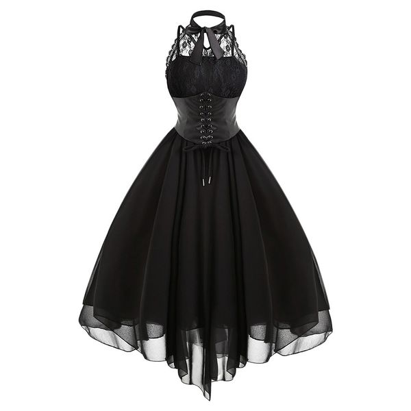 

women designer clothes ladies dresses 2019 gothic bow party dress women black cross back lace panel corset mid calf swing dress femme, Black;gray