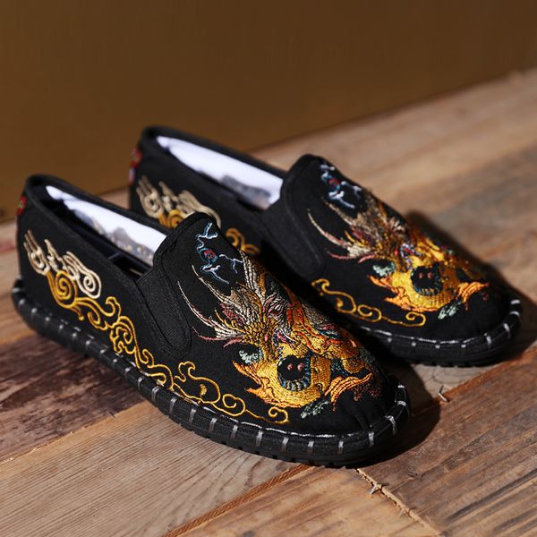 

2019 mens embroidery dragon cotton linen comfort low board shoes fashion slip on breathable summer c674, Black