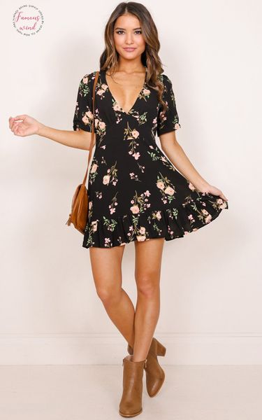 

новая мода женская boho цветочный шифон летняя вечеринка вечерний пляж v образным вырезом короткое мини платье drop shipping, Black;gray