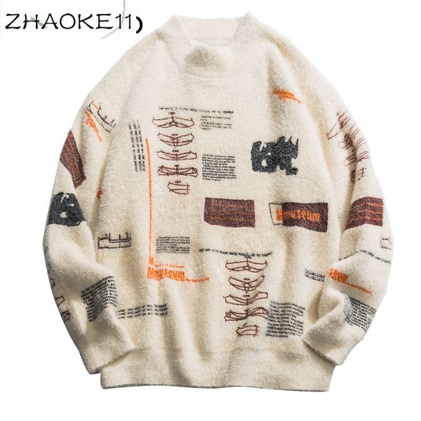 

graffiti knitted pullover jumper sweaters streetwear hip hop casual long sleeve turtleneck knitwear sweater men, White;black