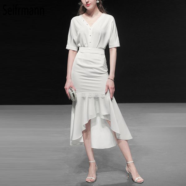 

seifrmann women summer vintage suits runway fashion v-neck anb elegant lace ruffles mermaid party skirt 2 pieces set, White