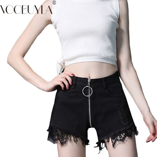 

women denim short buttocks zipper lace stitching shorts 2019 summer short jeans punk woman denim shorts size s-2xl, White;black