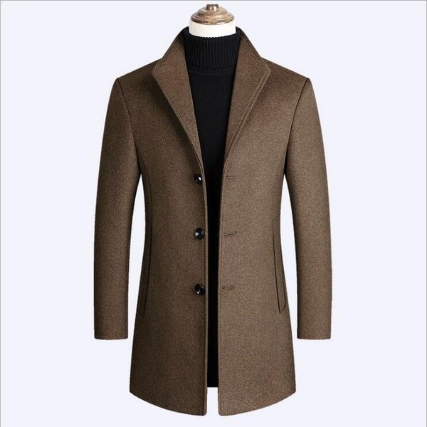 

mens overcoat brand men wool blends coats autumn winter solid color mid-length woolen coat luxurious wool blends coat male, Black
