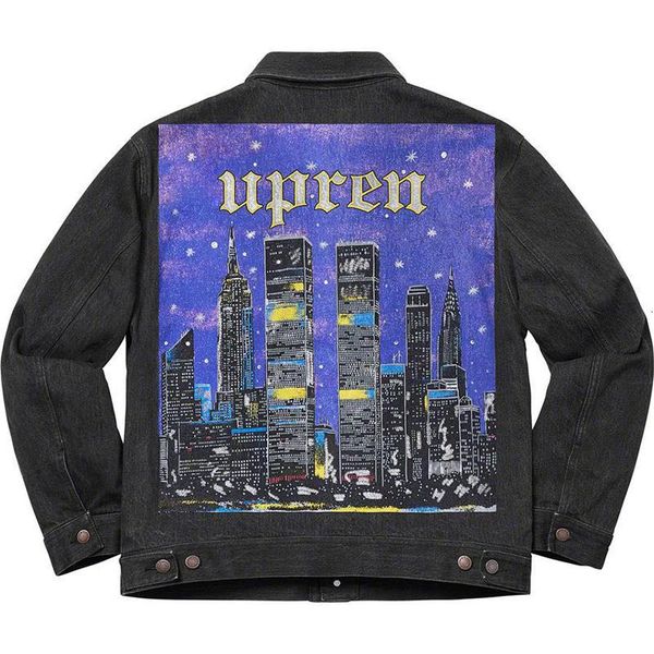 

19ss new york night scene box logo printed denim jacket women men couple outdoor street coat fashion casual button skate jackets hfhljk054, Black;brown