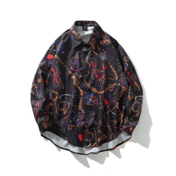 

new social long sleeve designer print shirts men loose vintage young men's fashion shirt man casual homme camisa masculina, White;black