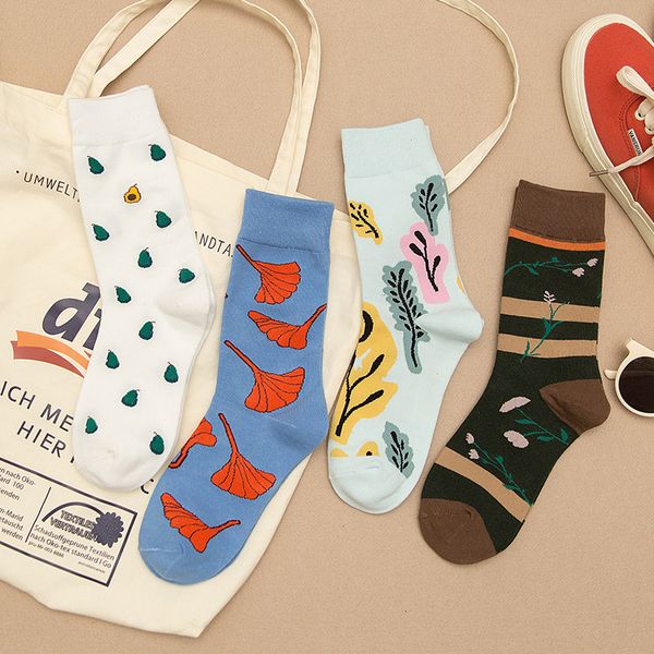 

cotton plant socks cartoon crew sock warm women funny cute art kawaii happy japanese breathable sweat streetwear fashion casual, Black;white