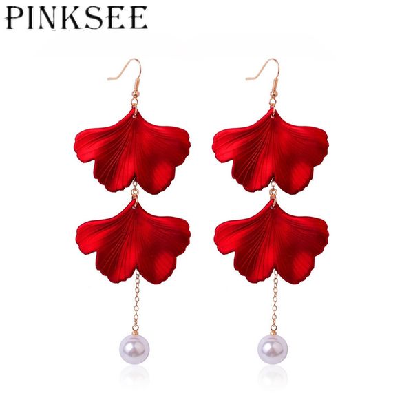 

pinksee new personality long tassel pearl drop earrings for women elegant resin red leaf dangle earrings jewelry party gifts, Silver