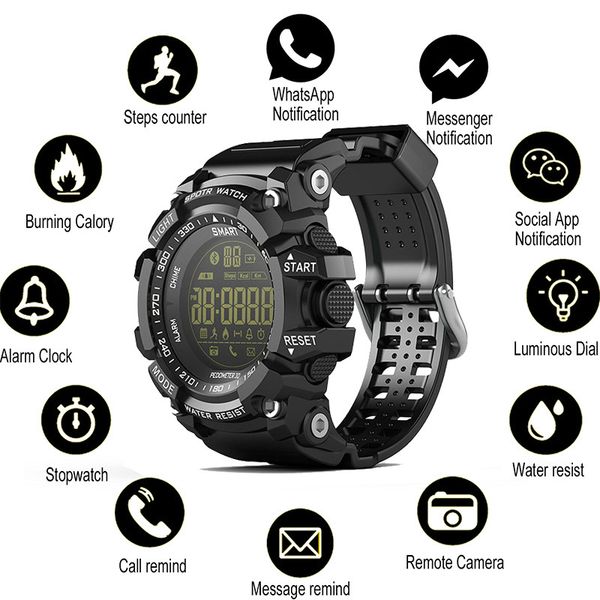 EX16 relógio inteligente Bluetooth Waterproof IP67 inteligente Relógio de pulso Relógios pedômetro Cronômetro do esporte pulseira para o iPhone Android Phone Watch