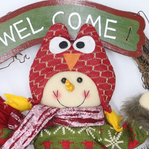 

rattan christmas wreath garland with santa claus/snowman doll and wooden welcome sign holiday hanging wall window