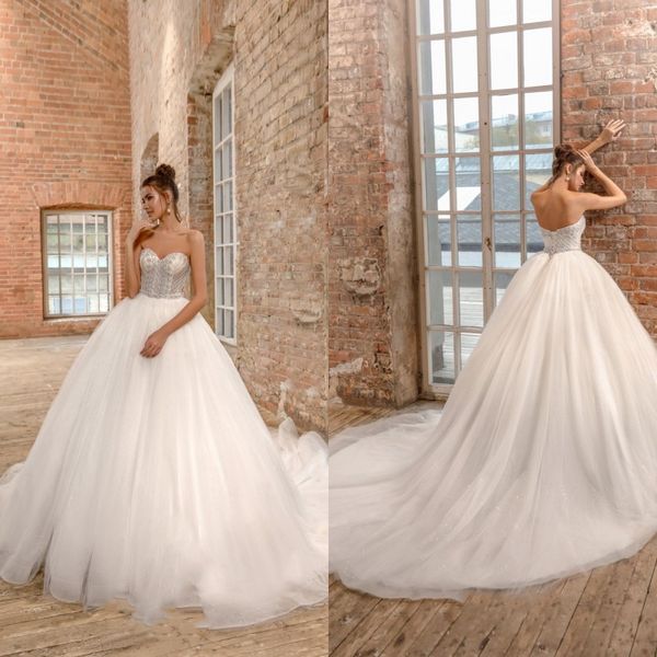 

ball gown wedding dress strapless sleeveless applique crystal sequins wedding dress sweep train bride gowns, White