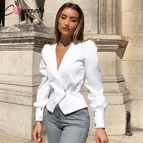 

conmoto elegant solid women blouse shirts vintage retro peplum white v neck female blouses puff casual blusa mujer