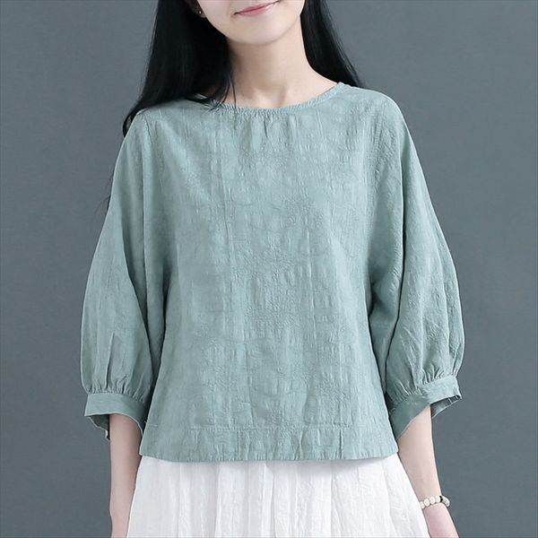

qing cui jacquard and cotton jacquard cotton and linen lantern sleeve seven-point sleeve round collar t-shirt short jacket mori girl series, White