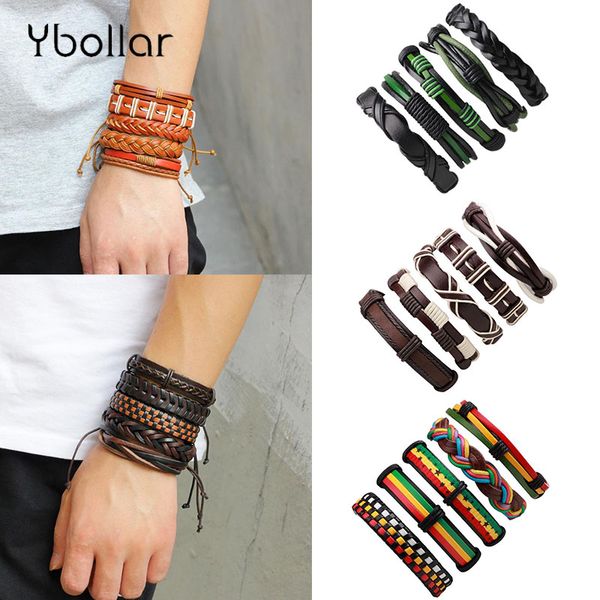 

ybollar men's 5pcs/set leather bracelets multilayer rope braid bracelets & bangles punk wrap for women casual jewelry, Golden;silver