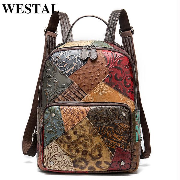 

westal vintage women backpacks genuine leather floral school bag for girls zip female school backpack patchwork daypack 86343 cj191213