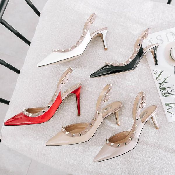 

brand designer luxury ladies sandals new genuine leather pointed rivet stiletto heel spring summer women high-end work party fashion shoes, Black