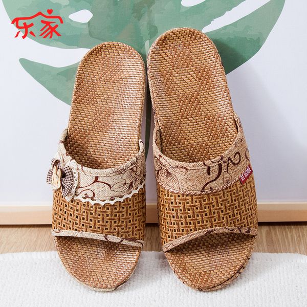 

bow knot rattan mat antiskid simple slippers for men and women couple cool slippers cool home manufacturer wholesale in spring and summer, Black