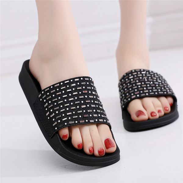 

fashion women slippers crystal flat heel summer shoes female indoor outside bling beach slides open toe ladies soft shoes #40, Black