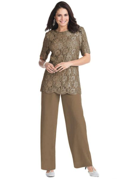New Luvas Meio Jewel Neck Mãe do Suits noiva Lace Chiffon terno de calças Plus Size Custom Made