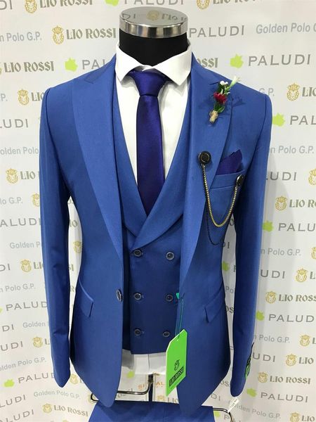 Marca New Groomsmen Azul Noivo Smoking Pico Lapela Homens Ternos de Casamento Melhor Homem Noivo (Jacket + Pants + colete + Gravata borboleta) L219