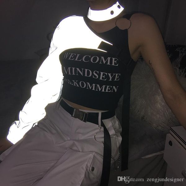 

3m reflective женщин модельер tshirts с длинным рукавом стенд воротник женщины одежда hip hop повседневная одежда, White