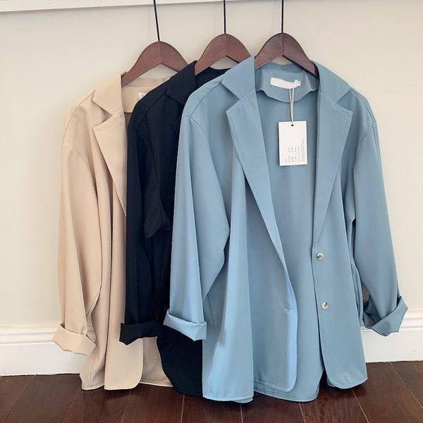 

chiffon thin chic korean blazer feminino solid black long sleeve notched casual slim women blazer coat autumn office lady clothe, White;black