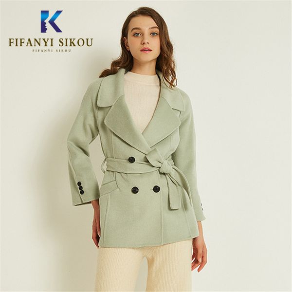 

women's wool & blends womens cashmere short coats fashion double breasted belt casual coat women warm overcoat 2021 winter, Black