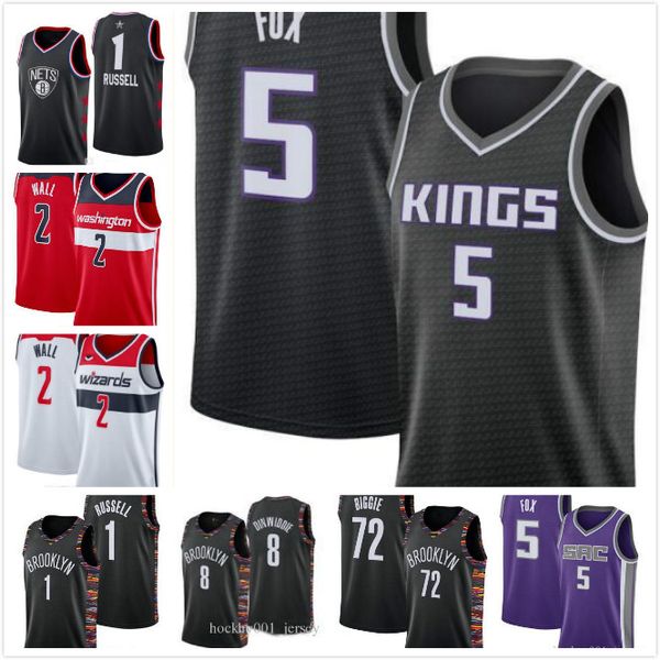 

2019 washington nba wizards john 2 wall brooklyn nets 72 biggie sacramento kings 5 de'aaron fox basketball jersey, Black