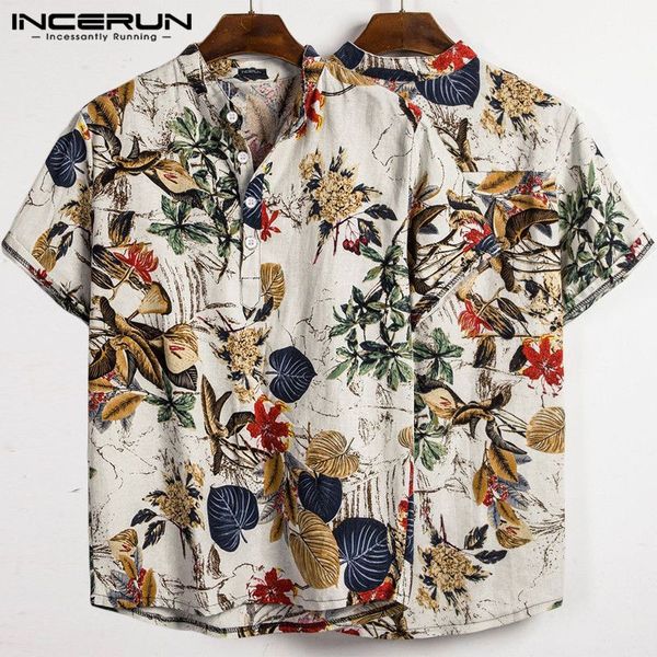

incerun men chic printed short sleeve stand neck shirt fashion comfort joker button mens holiday beach casual blouse streetwear, White;black