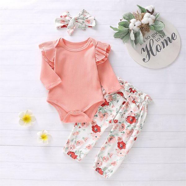 

newborn infant baby girls knit ruffle long sleeve romper floral pants outfits set clothes kids pink suit, White
