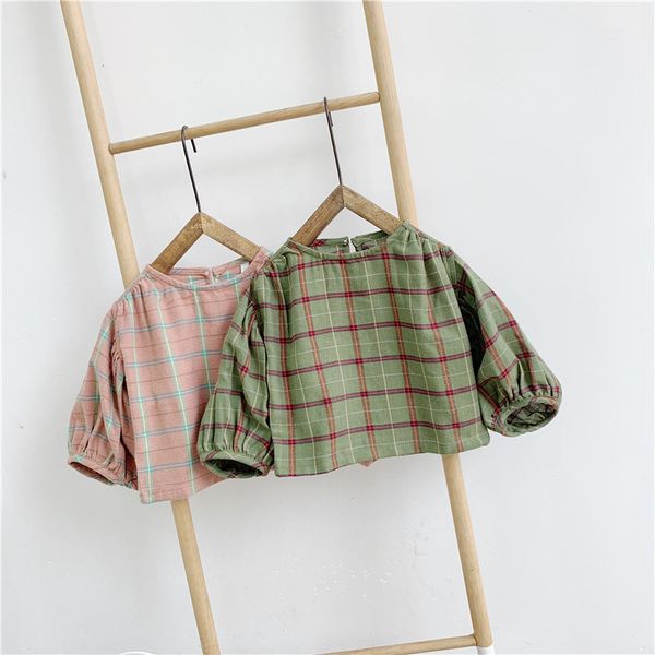 

korean style autumn new toddlers kids plaid shirts lantern sleeve a-line baby girls cute blouses, White;black