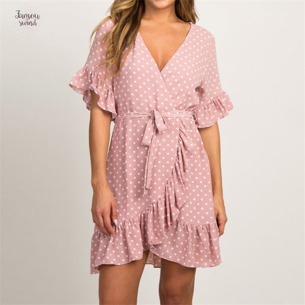 

летние платья 2019 boho пляж платье моды с коротким рукавом v шеи полька dot a line платье партии сарафан дизайнер одежды, Black;gray