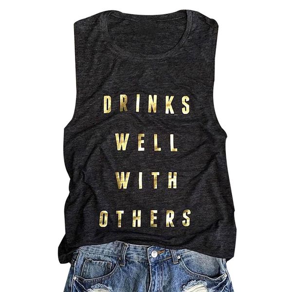 

women casual tees drinks well with others tank dark grey summer casual letter printed sleeveless tank home clothing dhl an2881, Blue;gray